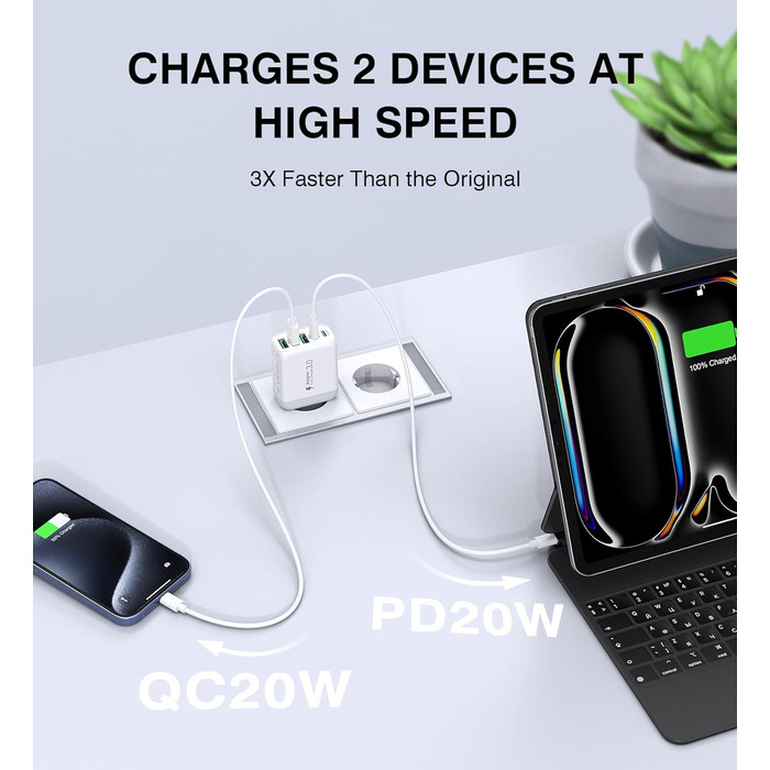 Мережевий зарядний пристрій USB-C з 5 портами, швидка зарядка, білий. Заряджає iPhone, Samsung Galaxy, Google Pixel та інші пристрої.