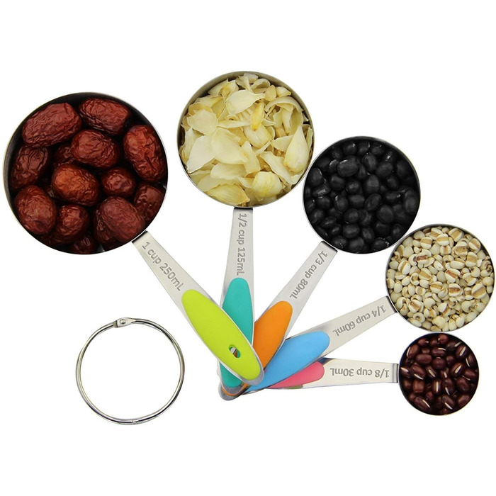 Набір мірних ложок Xingxinrong з нержавіючої сталі (5 мірних ложок + 1 кільце) з силіконовою ручкою, з гравіюванням шкали США та міжнародної системи, придатний для миття в посудомийній машині, аксесуари для приготування їжі та випічки для кухні