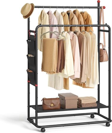 SONGMICS HOME Rolling Garment Rack, Coat Rack, 2 Clothes Rods, Shelf, Side Organizer, Match-Shaped Hooks, Stable, Bedroom, Hallway, Ink Black HSR171B01