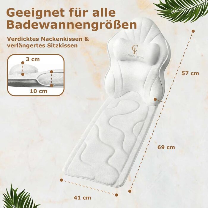 Подушка для ванни для всього тіла 126x41 см з підголовником, підтримкою для шиї, спини та ніг. Біла, тепла біла. У комплекті: мішок для прання/подорожі та гачок для сушіння.