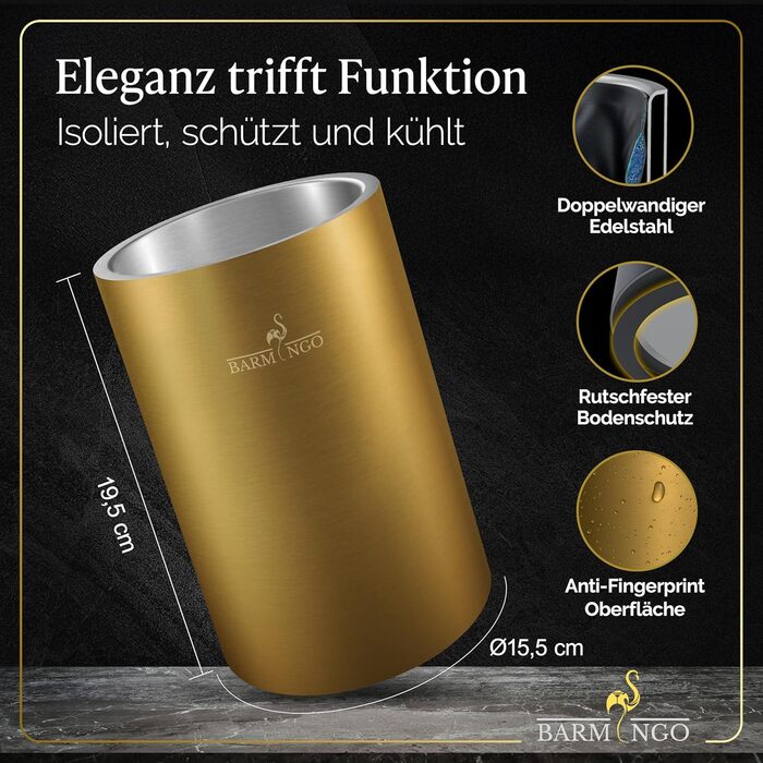 Охолоджувач для вина BARMINGO з нержавіючої сталі з 2 охолоджувальними акумуляторами – охолоджувач для напоїв та пляшок для вина, шампанського та секту | Подвійний сектокюлер з охолоджувальними манжетами | Охолоджувач для винних пляшок | Золотий