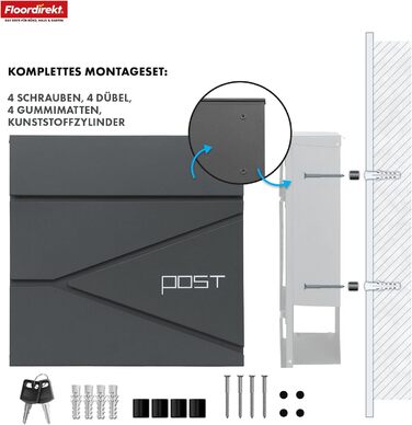 Поштовий ящик Floordirekt Jean Anthrazit з газетницею, замком та великим отвором для кореспонденції, антрацит