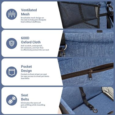 Автокрісло для собак: стабільне, дихаюче, знімне, для маленьких та середніх порід (Marineblau)
