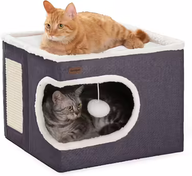 Indoor cat bed, cat cave and furniture with scratching pad and hideaway tent, cute, modern cat house for multiple small pets, large kittens, kittens, dark grey