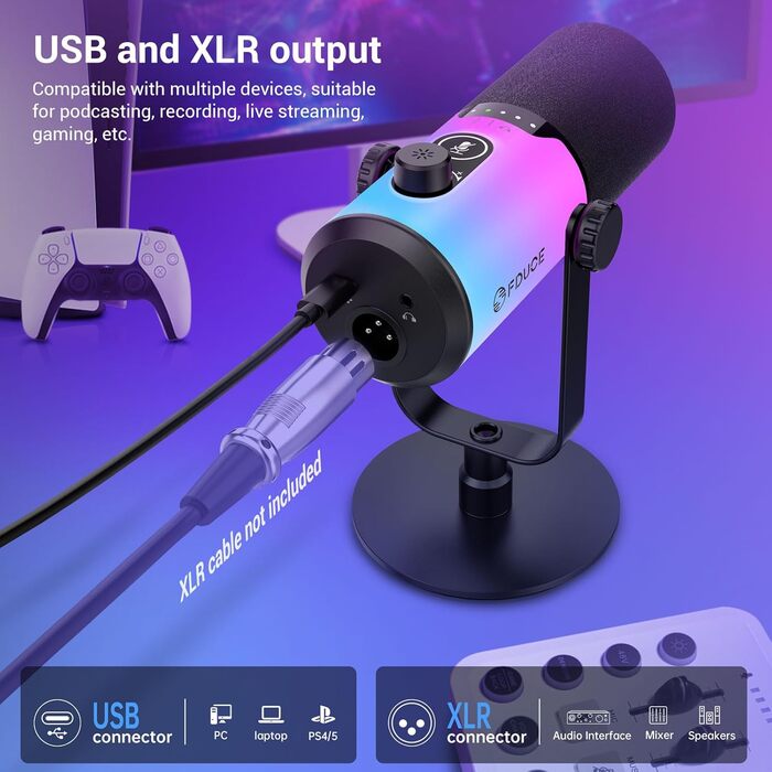Ігровий мікрофон FDUCE з USB/XLR підключенням, RGB-підсвічуванням та регулятором посилення для стрімінгу, запису подкастів та співу