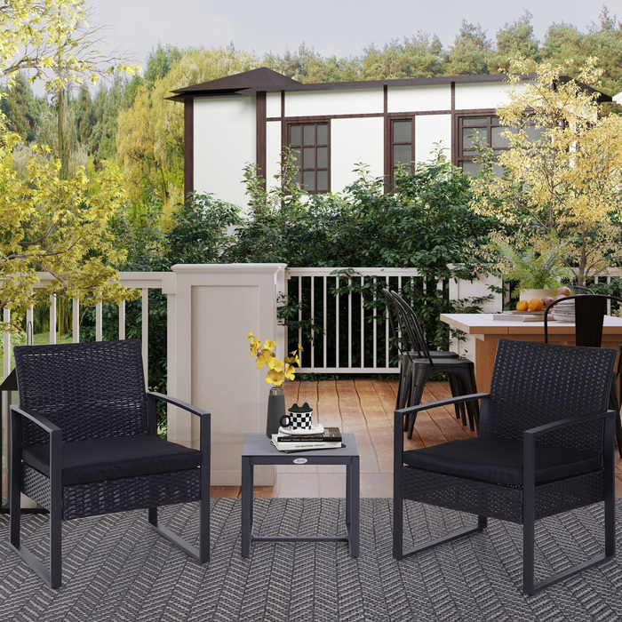 Набір садових меблів Outsunny з ротангу Polyrattan на 2 особи, меблі для балкона з подушками, чорного кольору, стійкі до погодних умов та сучасного дизайну для тераси та саду