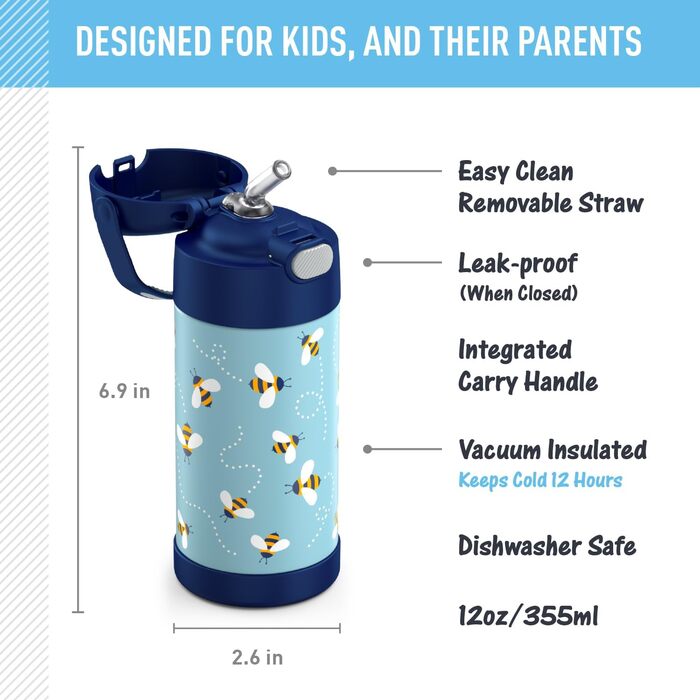 Термос Thermos Funtainer 340 мл, фіолетовий, 12 oz, блакитно-зелений, з декором бджілок