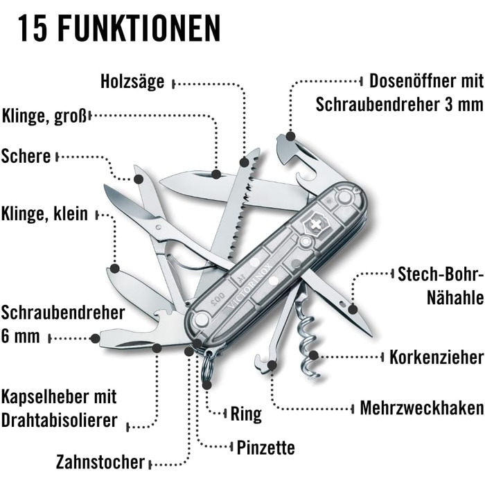 Швейцарський ніж Victorinox Huntsman: мультитул з 15 функціями, ніж, відкривачка для пляшок, консервний ніж, прозора срібляста коробка