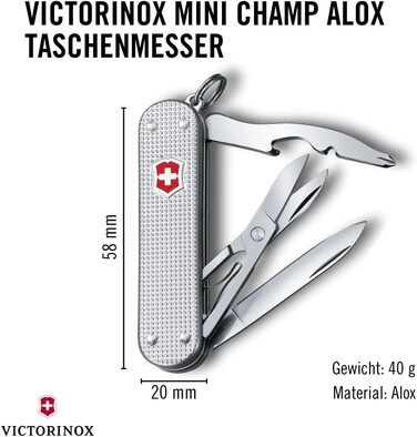 Швейцарський ніж Victorinox Mini Champ Alox: багатофункціональний інструмент, 15 функцій, Swiss Made, з відкривачем листів, відкривачем пляшок, інструментом для зачистки дротів, сріблястого кольору