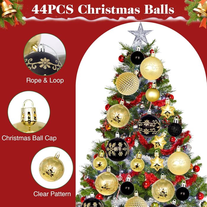 44 штуки новорічних кулі пластикові, прикраси для ялинки, набір кульок для ялинки, персоналізовані новорічні кулі білі та червоні, ялинковий декор, новорічний декор для дому та вулиці білий та червоний (золотий та чорний)