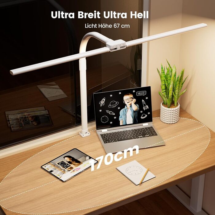 SIBRILLE Dual-Head LED Desk Lamp - Adjustable, Dimmable, Eye Protection for Office, PC, and Monitor Use