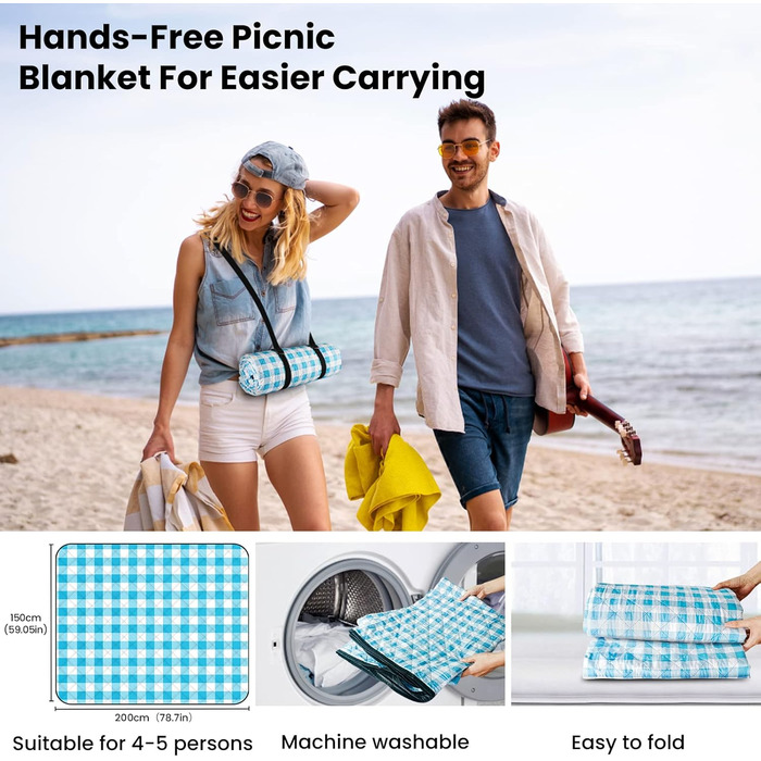 AOSTOK Плед для пікніка, пляжний килимок, вологостійкий з ручкою, 200x150 см, блакитний