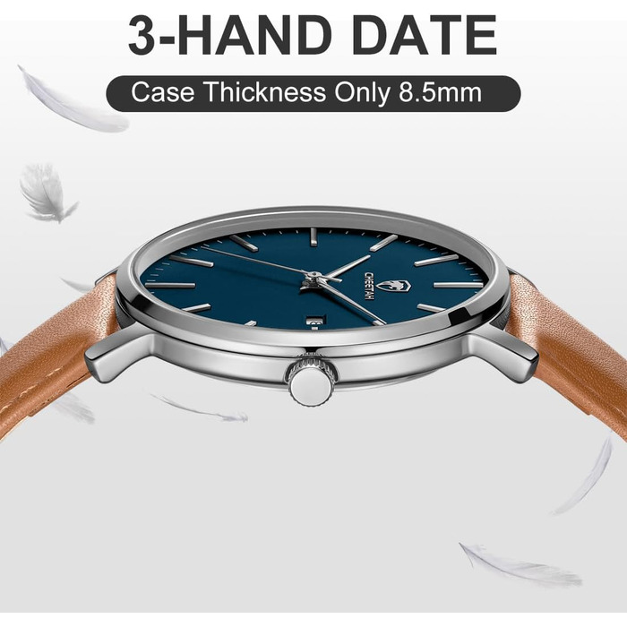 Чоловічий годинник CHEETAH: аналоговий кварцовий годинник з датою, водостійкий (3 ATM), з шкіряним ремінцем, спортивний стиль, для молоді (сріблясто-блакитний, коричневий)