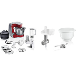 Bosch Kitchen Machine Series 4 MUM5X720, integrated scale & BakingSensation MUZ5BS1, meat grinder, plastic bowl Dark Red / Silver 2 accessories bundle with BakingSensation
