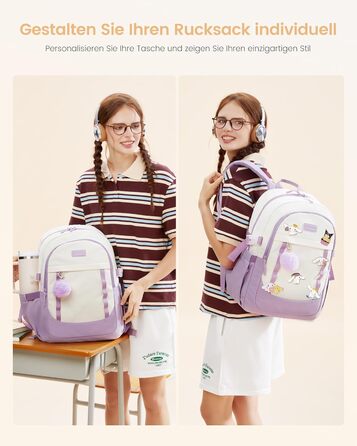 Шкільний рюкзак LOVEVOOK для дівчаток-підлітків, 15.6 дюймів, з відділенням для ноутбука, легкий, з помпоном, для школи, середньої школи, світло-жовтогарячий (15.6 дюймів, Y-бежевий світло-фіолетовий)