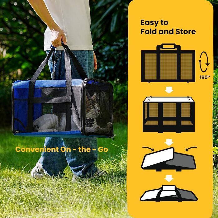 Транспортна переноска для котів Conlun, м'яка переноска з сіткою з 4 сторін, підходить для перевезення в літаку, для кошенят та невеликих котів до 6 кг, складана переноска для собак, (51x31x31 см, блакитна)