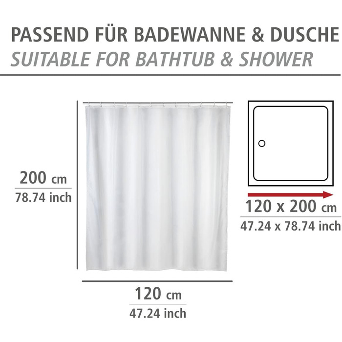 Штора для душу WENKO Anti-Schimmel (антигрибкова), текстильна, 180x200 см, біла - з кільцями для кріплення