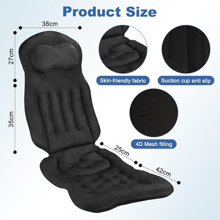 Подушка для ванни Ganz Körper (Чорна) з підголовником для підтримки шиї, спини та ніг. Товста ванна килимок з присосками та гачками.