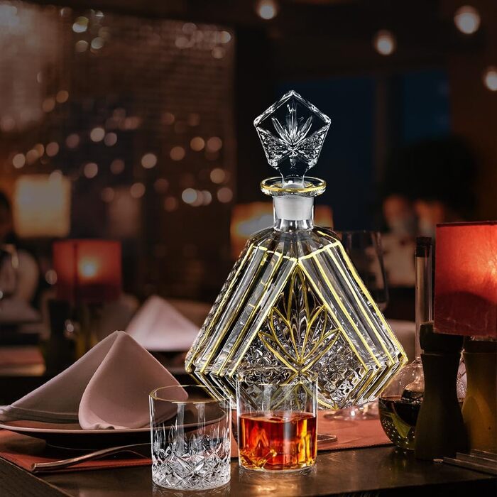Розкішний набір декантерів ручної роботи з золотом для чоловіків: віскі, вино, бурбон, текіла. Кришталевий декантер та 2 склянки.