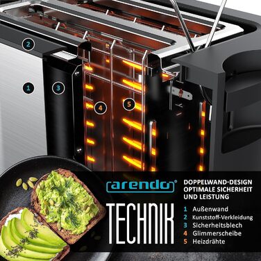 Arendo - 2-Slice Stainless Steel Toaster - Touch Panel - Digital Display with Remaining Time - 800 W – Double-Walled Housing – with Bagel Attachment – 7 Browning Levels – Bread Slice Centering - Silver B: Silver