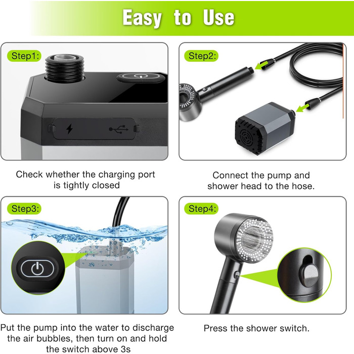 Портативна душова кабіна для кемпінгу з насосом, 6000mAh, 20л, з душовою насадкою та шлангом 2м, індикатор температури та заряду батареї, Type-C, для саду, автомийки, подорожей
