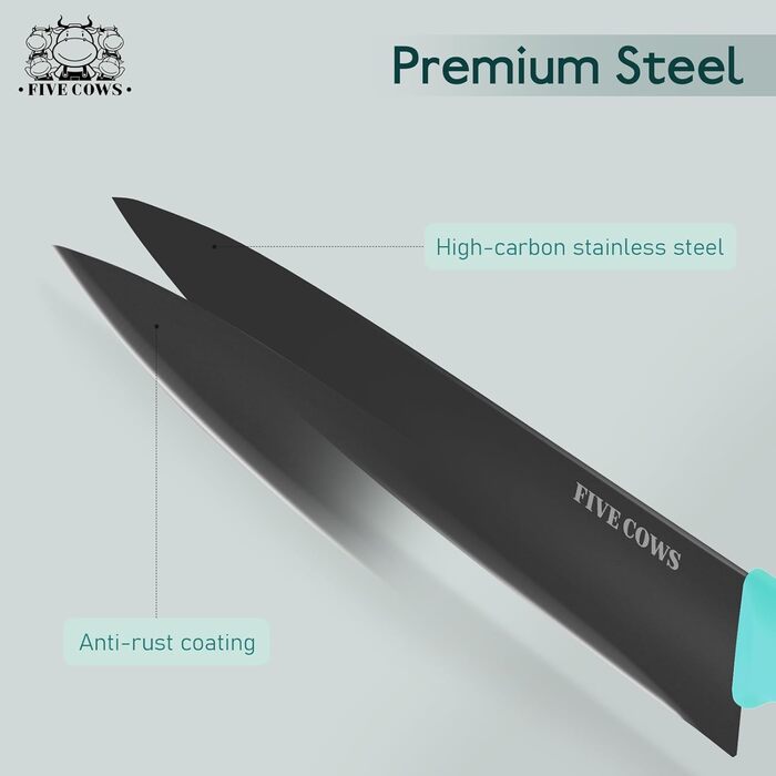 Набір кухонних ножів FIVE COWS (14 предметів) з автоматичним точильним, з ножем для стейку та ножицями, антиокислювальне покриття, професійний набір для дому (зелений)