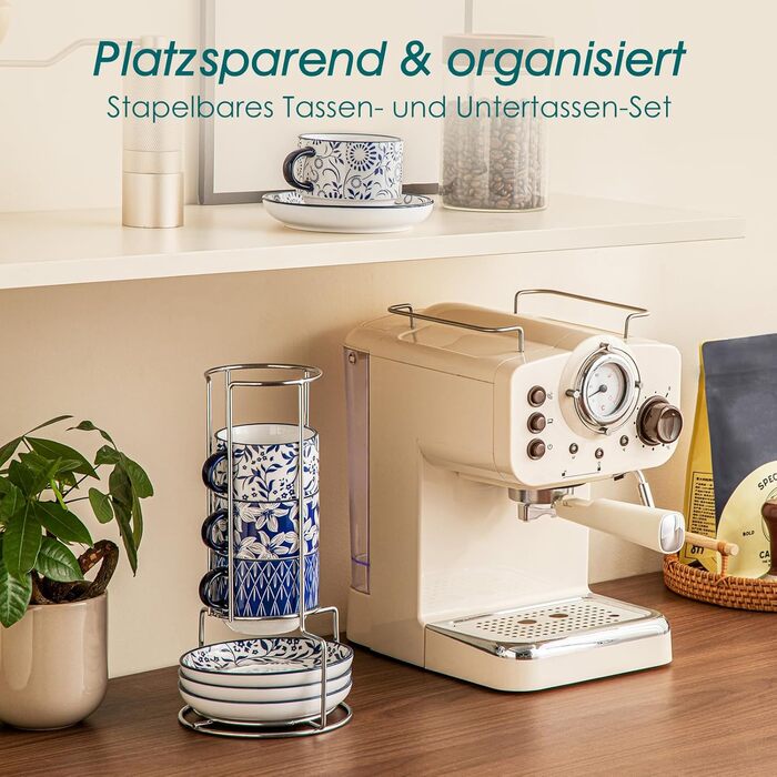 Набір чашок для еспресо Vancasso SELENE: 4 шт., з підставкою та стійкою, блакитно-білий вінтажний дизайн, порцеляна, для кави, капучино, лате та чаю