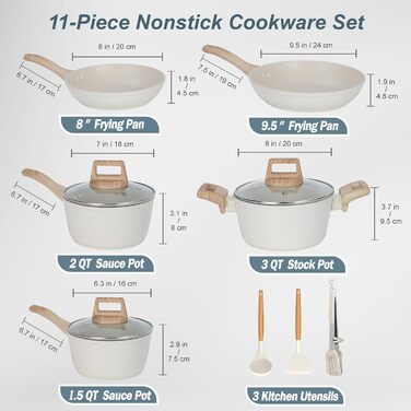 Набір кухонного посуду з антипригарним покриттям, 11 предметів, для духовки та гриля (до 177°C), каструлі та сковорідки, кухонний набір, сковорідки, каструлі, сотейник, для кухні, для дому, придатний для миття в посудомийній машині