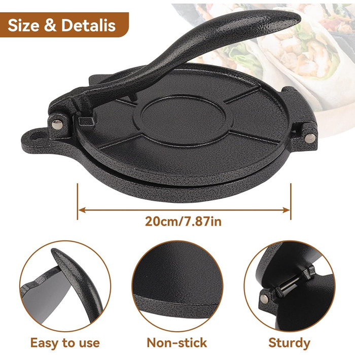 Пресс для тортилій Cyrank, ручний ротатор для роти, прес для тако та кесадільї, 20 см, чорний