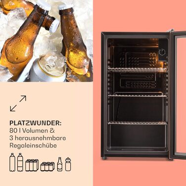 Klarstein Mini Fridge with Glass Door - 80L Compact Beverage Cooler with Adjustable Shelves & Wave Design Racks - Quiet Operation, Copper Metallic Finish