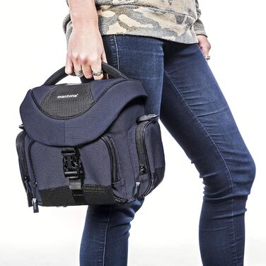 Сумка для камери Mantona Premium - підходить для камер DSR та DSM з об'єктивом (з пилозахистом, м'яким ремінцем, блискавкою, регульованим внутрішнім відділенням) (L, Синій)