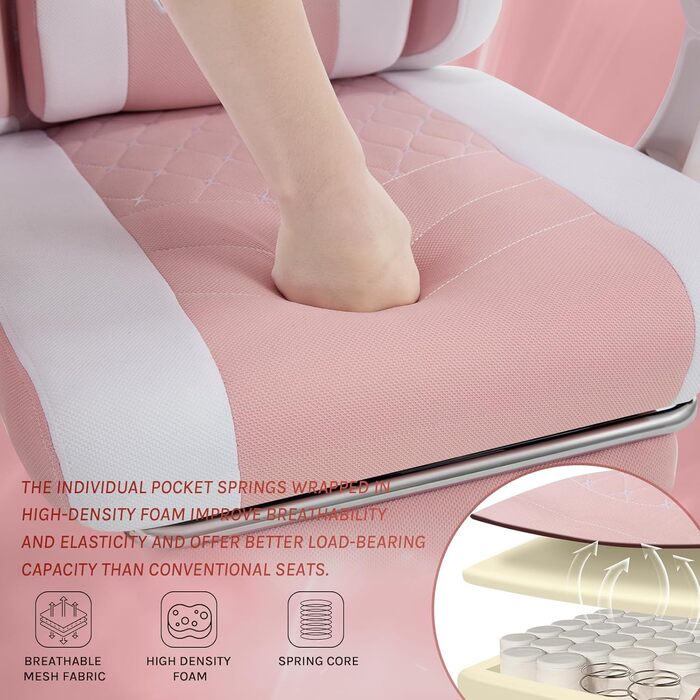 WOLTU Gaming Chair with Massage Function, Computer Chair with Pocket Spring Cushion, Ergonomic Gamer Recliner, Swivel Chair with Headrest, Lumbar Pillow, Footrest, Mesh Fabric, Pink+White, GS15rsw Pink+White Mesh Fabric