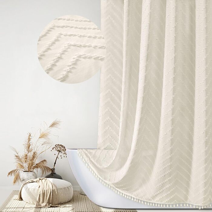 Шторка для душу Siiluminisoy Boho Extra Long, тканинна, 213.4 см, кремового кольору, 183.4 x 213.4 см, туфтована, Chevron, смугаста, сучасний дизайн, стильна, структурована, мінімалістична, 1 шт.