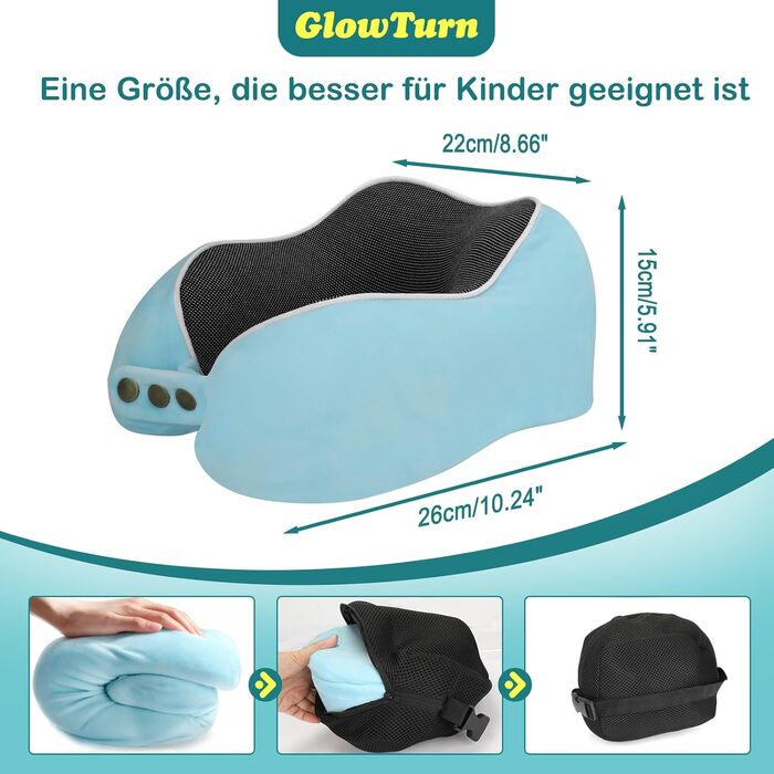 Подушка для шиї дитяча та доросла з піни Memory Foam, блакитна – підтримка 360°, регульована, складана, для подорожей (літак, авто, поїзд)