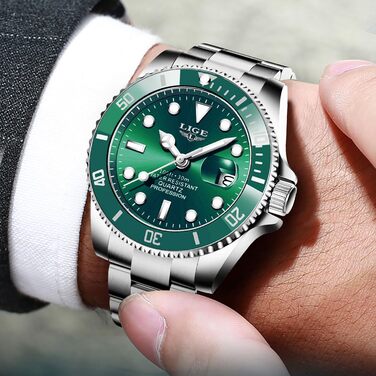 Годинник чоловічий LIGE, аналоговий кварцовий годинник з нержавіючої сталі, 3ATM водостійкий (30м), з календарем та світловим покриттям, бізнес-годинник для відпочинку (зелений)