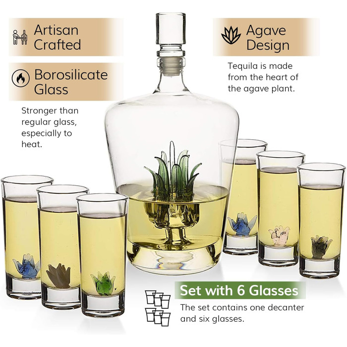 Agave Tequila Decanter Set with Glasses - 750ml Decanter & 6 Shot Glasses - Cinco de Mayo Party Decor - Perfect Gift for Tequila Lovers