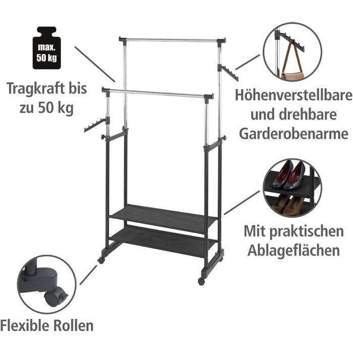WENKO Clothes Rack Folding, Clothes Storage with Adjustable Clothes Rail and Wheels, Plastic/Metal, 88 x 100-168 x 11-49 cm, Chrome/Grey (169 x 43 x 89.5 cm)