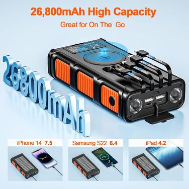 Портативний зарядний пристрій Powerbank 26800 mAh з сонячною панеллю та ручкою, 4 кабелі, USB-C, швидка зарядка, 7 виходів, 4 входи, для мобільного телефону, водонепроникний, зовнішній акумулятор для кемпінгу, оранжевий