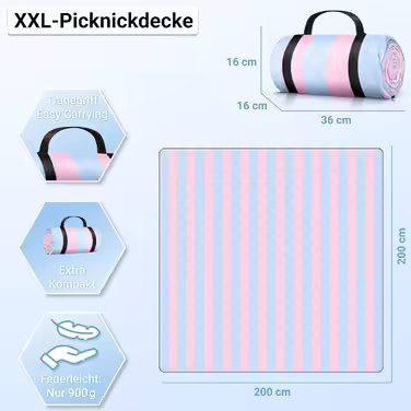 HOEL Picnic Blanket 200x200 cm Water-Repellent + Insulated - Padded Beach Mat XXL - Picnic Blankets - Outdoor Beach Blanket for Picnic Camping Beach