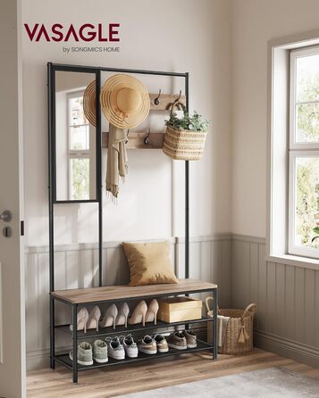 VASAGLE Coat Rack, Wardrobe, Coat Stand with Hooks, Mirror, Bench, 35 x 98 x 180 cm, for Entryway, Bedroom, Living Room, Modern, Oak-White HSR415W09 (Camel Brown + Ink Black)