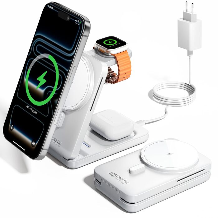 Зарядна станція 3-в-1 KPON для Apple Watch та iPhone з MagSafe, 20W, біла - Швидка зарядка для iPhone 17-12, Apple Watch 11-2, AirPods, портативна для подорожей та офісу