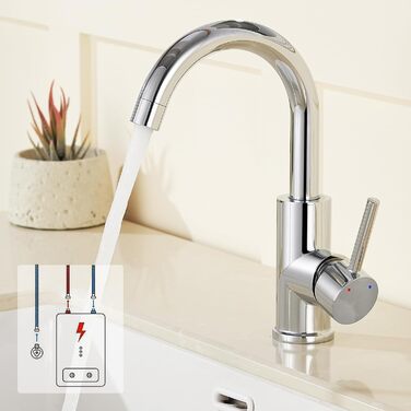 Кухонний змішувач Auralum для низького тиску, 360° обертання, 3 підключення, з міді з хромовим покриттям