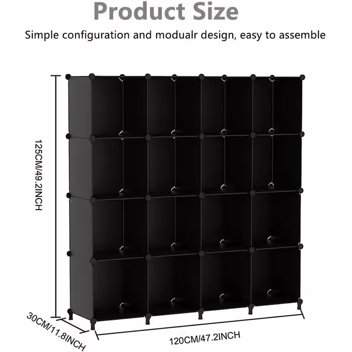 AWTATOS Closet with 16 Cubes, Storage Shelves, DIY Cube Shelf, PP Plug-in Shelf, Plastic, Kids' Shelf, Toy Shelf, Folding Closet, Shelves, Standalone Shelf, Black ULPZ017