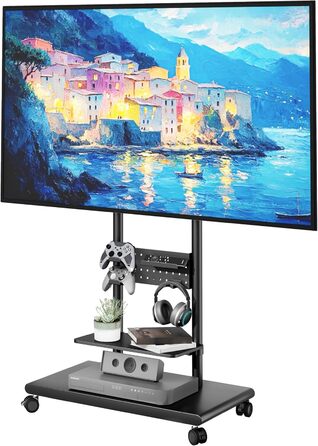 Підставка для телевізора на колесах, 50-90 дюймів, до 70 кг, регульована висота та нахил, з полицями, VESA 600x400 мм