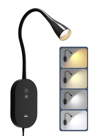 Нічна LED лампа для читання Wandleuchte з USB, 5 рівнів яскравості, сенсорне управління, гнучкий кронштейн, автовимкнення (Чорна)