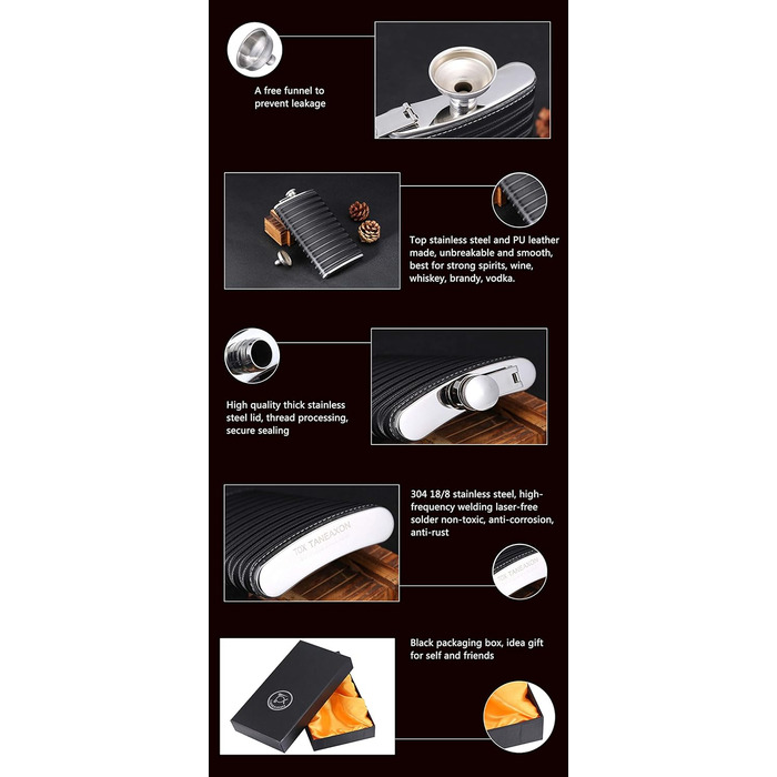 Фляга з імітацією крокодилячої шкіри, нержавіюча сталь, 510 мл, для віскі та лікеру, обгорнута PU-шкірою, TANEAXON