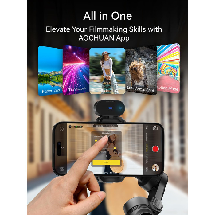 Стабілізатор для смартфона AOCHUAN 3-осьовий з RGB-підсвічуванням, для iPhone/Android, з функцією відстеження обличчя, для зйомки Vlog (Smart X Pro AI, Чорний)