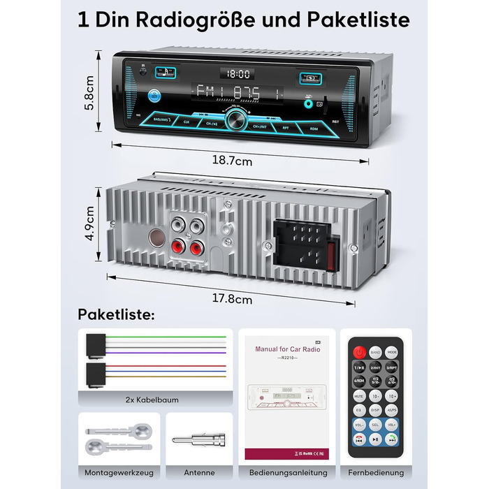 Автомобільна магнітола RDS Bluetooth 9-24В, FM/AM, MP3, USB, SD, AUX, з пультом, 7 кольорів підсвічування, гучний зв'язок