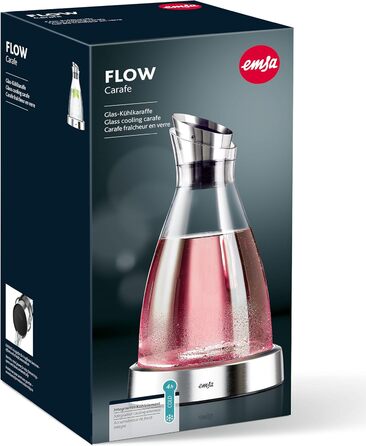 Emsa 505219 Flow Chilling Carafe | Elegant Design | Cooling performance for 4h | Cooling pad | Glass and stainless steel | Transparent | 1 Liter, 14 x 14 x 30 cm