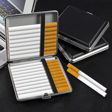 Чохол для сигарет зі шкіри та металу (3 шт., чорний) - 20 сигарет, з застібкою, 10 x 9.5 x 1.9 см